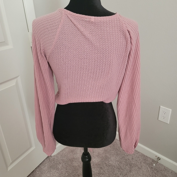 Pink Long Sleeve Cropped Waffle Knit Top Size Large - Picture 2 of 4